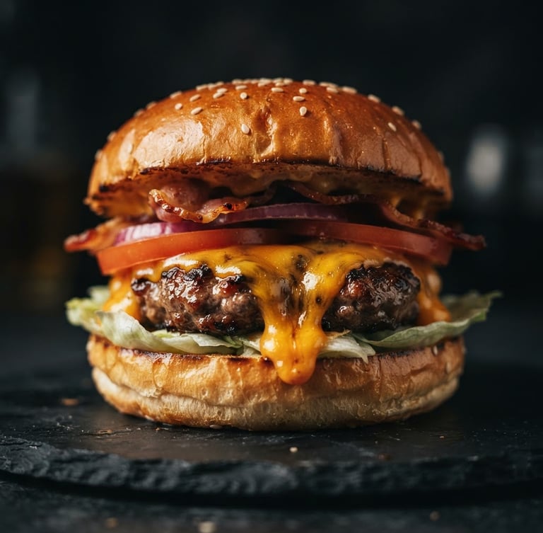 Macro shot of a towering cheeseburger on a dark charcoal surface, warm side lighting highlighting glistening melted cheddar cheese, toasted brioche bun, moody atmosphere.
