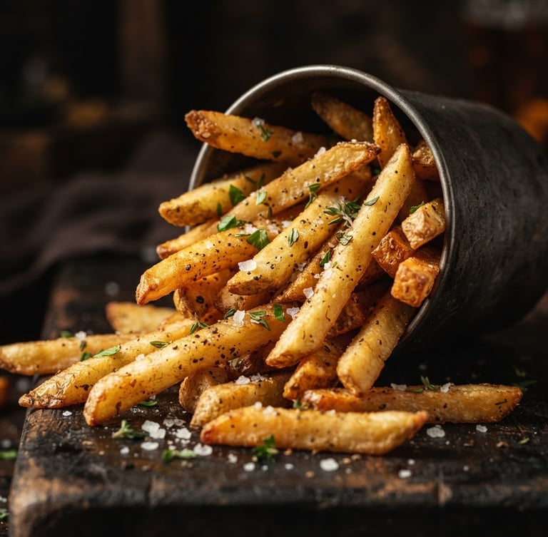 Dramatic macro photography of crispy golden seasoned french fries spilling out of a dark metal cup, dark moody background, warm side lighting highlighting salt crystals