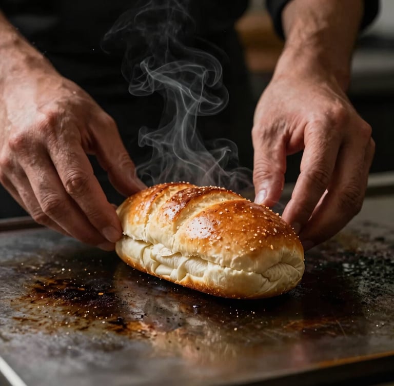 Macro dramatic food photography of a chef placing fresh brioche buns on a hot seasoned iron flat-top grill, smoke rising, warm side lighting, dark moody background