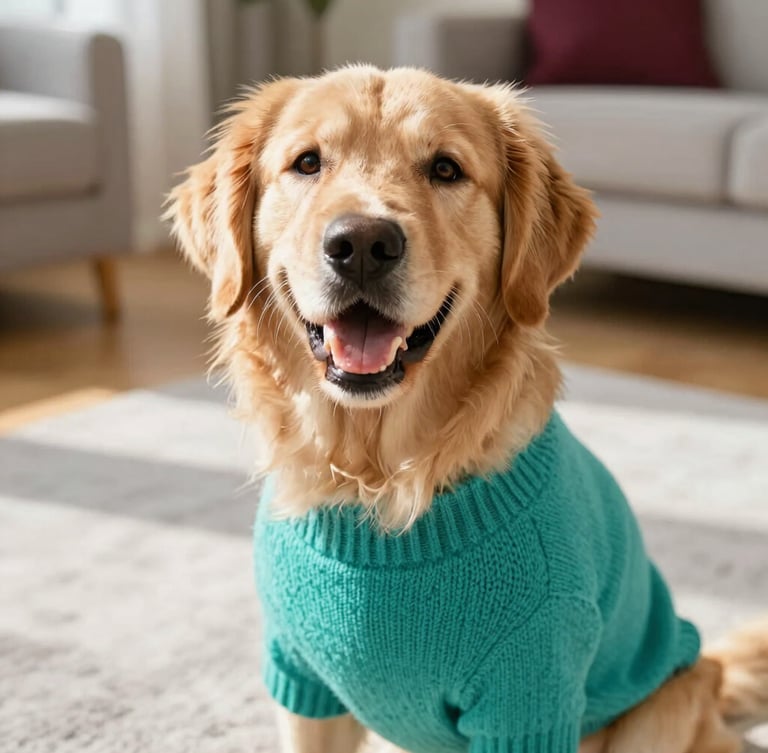 Close-up eye-level shot of a happy golden retriever wearing a bright teal knitted sweater, sitting on a light gray rug in a sunlit living room, warm natural daylight, shallow depth of field.