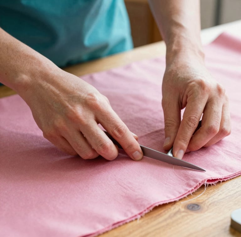 Close-up of artisan hands carefully measuring and cutting soft berry pink fabric on a wooden workshop table, warm natural light, shallow depth of field.