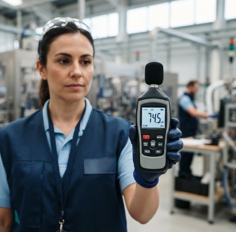 Close-up of a modern calibrated digital noise decibel meter held by a technician in clean blue branded PPE vest, bright neutral daylight, clean industrial background, 35mm