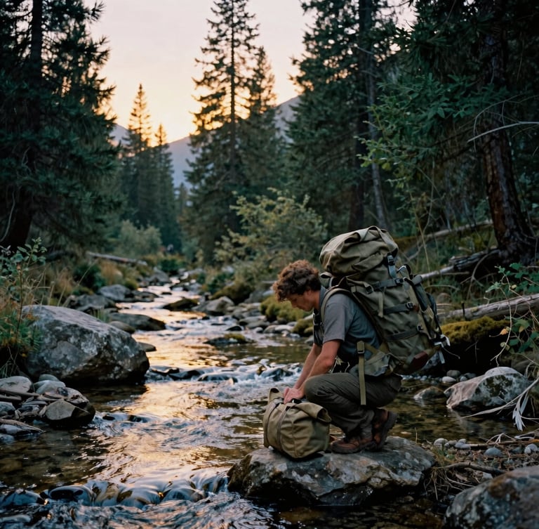 An adventurer packing a heavy canvas rucksack next to a mountain stream, golden-hour light reflecting off the water, deep forest pines, medium format film.