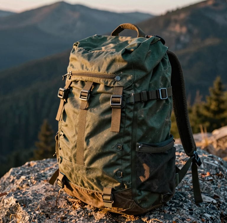Close-up of a weathered, rugged green canvas backpack resting on a granite rock in the Idaho mountains, dramatic golden-hour sunlight, macro texture of technical fabrics