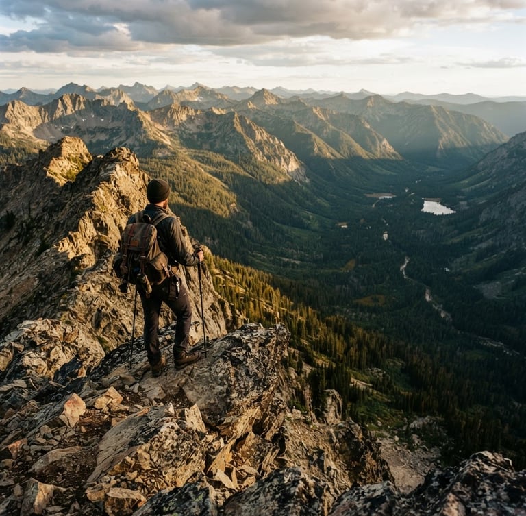 Cinematic wide-angle view of rugged Idaho mountain ridge at golden hour, a lone hiker with a weathered backpack looking over the edge, deep forest green valley below