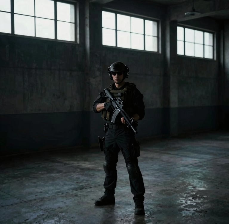 Cinematic portrait shot of an empty tactical training facility, concrete walls, dark shadows, cool-toned overcast daylight filtering through high windows.
