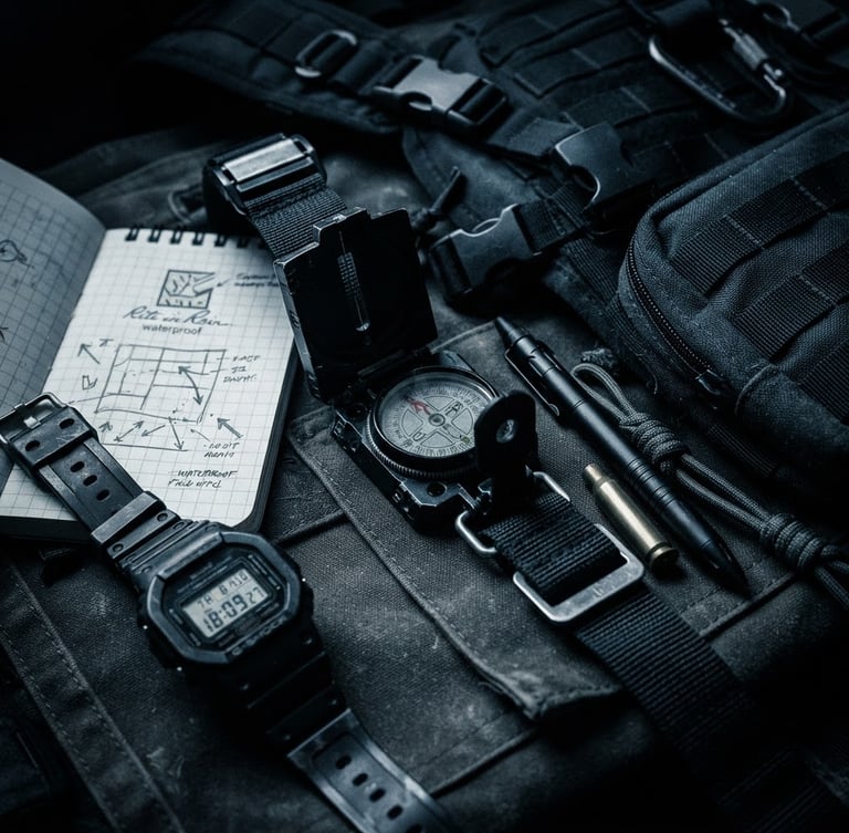 Low-key high-contrast macro shot of structured tactical planning equipment, desaturated cool tones, sharp focus, 35mm film