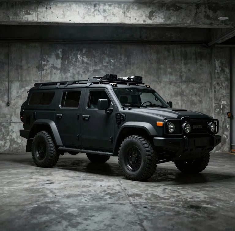Cinematic desaturated photo of a low-profile black tactical security vehicle parked in a concrete hangar, dramatic low-key lighting, cool overcast tones, sharp focus, 35mm film.