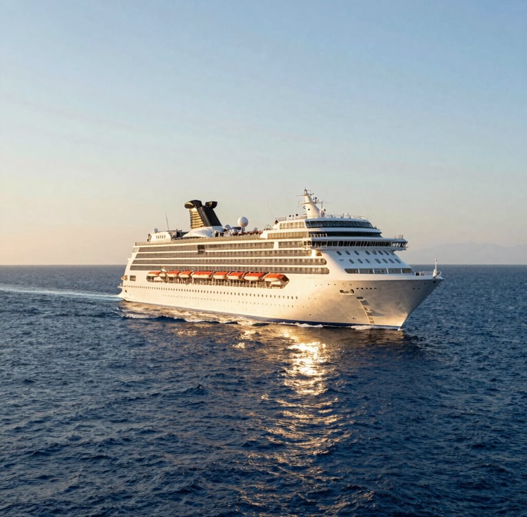 Wide shot of a sleek modern luxury cruise liner cutting through deep blue ocean waters during golden hour, sun reflecting off the water, clean negative space on the left, warm editorial travel photography, 35mm