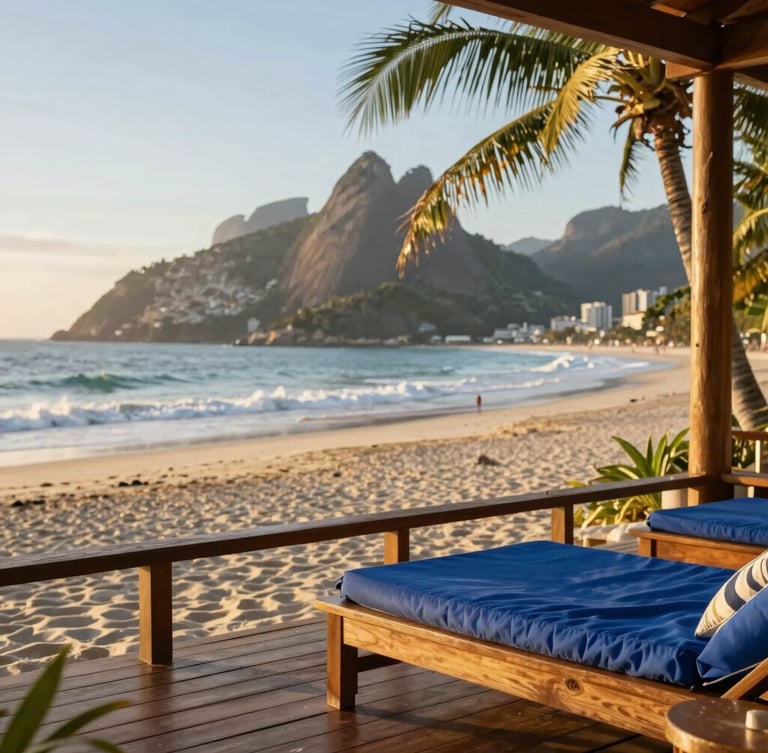 Warm editorial travel photography, golden-hour natural light, rich royal blue and gold undertones, an elegant wooden terrace overlooking a secluded tropical beach in Brazil, 35mm.