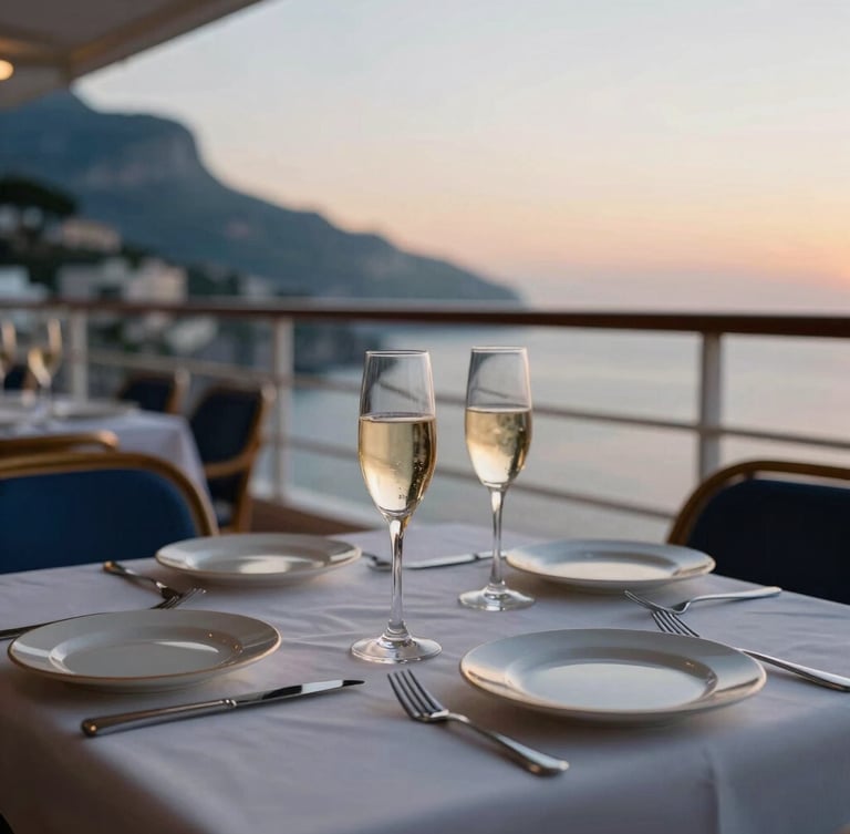 Close-up of a beautifully set dining table on a private cruise suite balcony, champagne glasses reflecting the sunset over the Amalfi Coast, soft focus, warm editorial travel photography, 35mm
