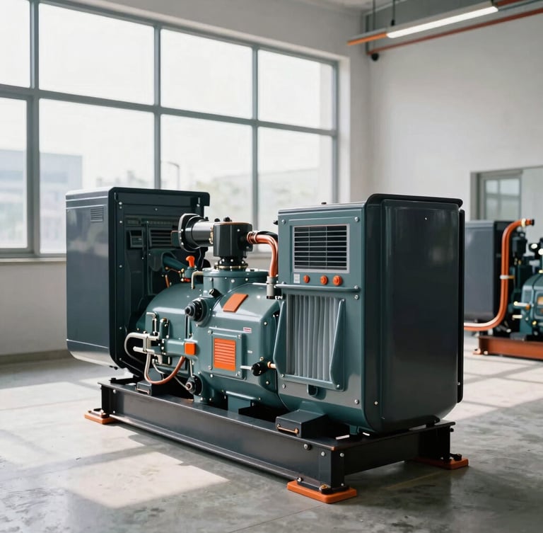 Industrial diesel generator installation inside a modern utility room, heavy copper wiring, clean concrete floor, technical precision, crisp daylight, 35mm