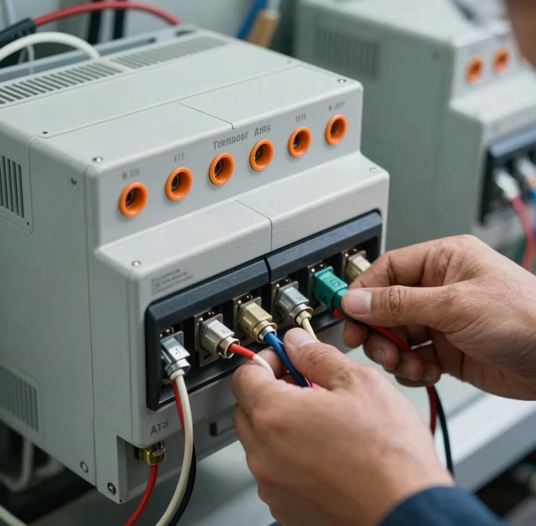 Tight, detailed technical close-up of an Automatic Transfer Switch (ATS) unit being wired by a technician, industrial setting, focused on the intricate connections, crisp natural daylight, cool metallic tones, 35mm