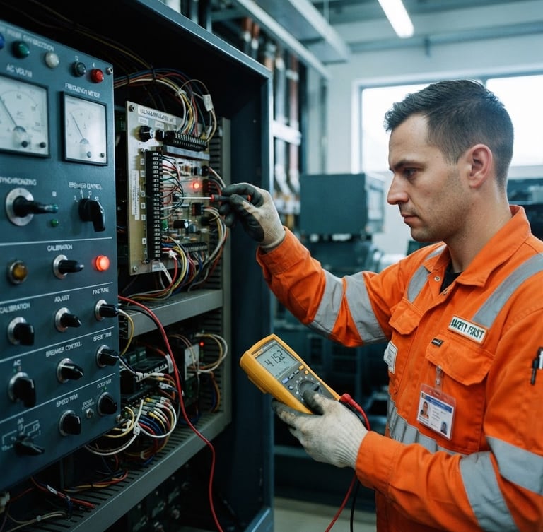 Close-up of a technician in high-visibility orange gear calibrating a complex generator control panel, crisp industrial lighting, cool metallic tones, sharp focus, 35mm