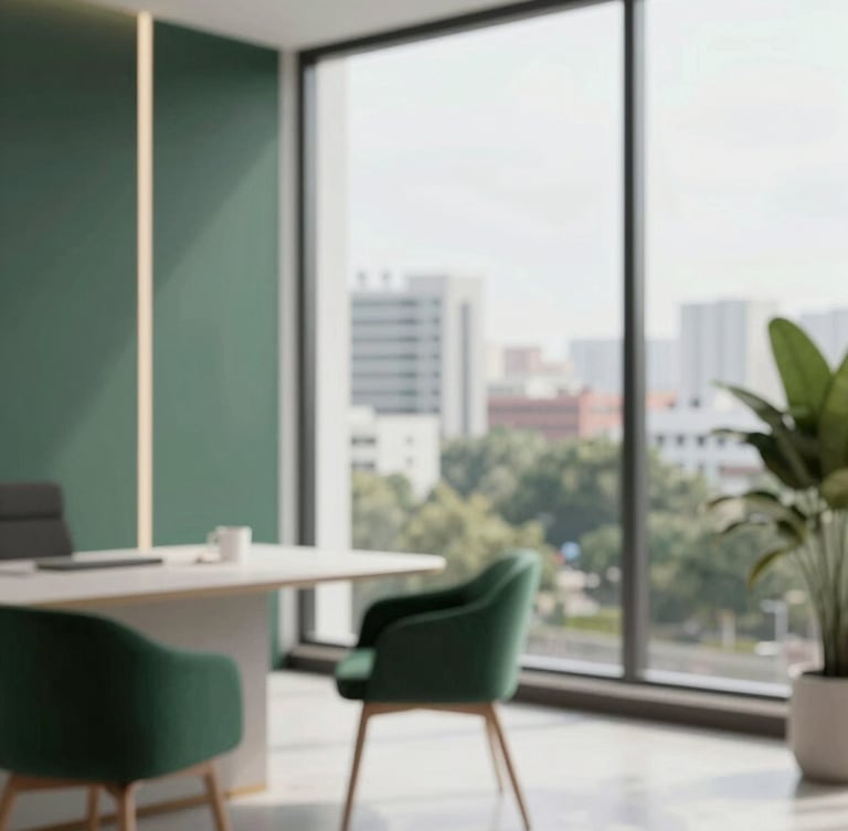 A high-end real estate consulting office interior featuring polished floors, minimalist furniture, and a large window overlooking a growing urban area in Faridabad. The lighting is bright and airy, using a palette of deep forest green and off-white to convey approachable authority and refined expertise.