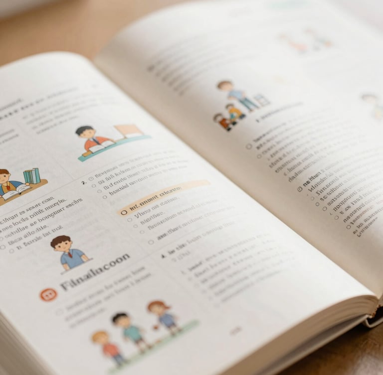 Macro shot of an open school textbook showing clean, structured layout with illustrations, warm editorial photography, soft academic tones, shallow depth of field