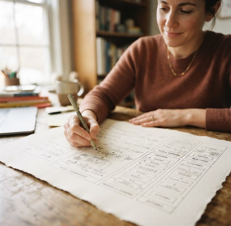 Warm editorial photography of a curriculum designer sketching a structured syllabus blueprint on heavy paper, soft natural daylight, shallow depth of field, 35mm