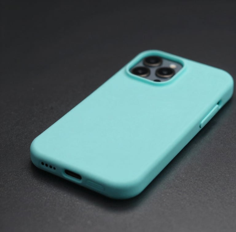 Sleek close-up of a minimalist biodegradable phone case on a dark metallic surface, soft cyan ambient back-glow, crisp studio lighting, macro lens