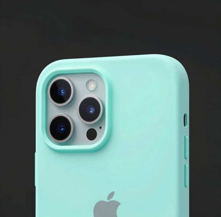Sleek close-up of a minimalist bio-plastic phone case with a soft neon cyan back-glow, clean dark background, studio lighting, macro lens
