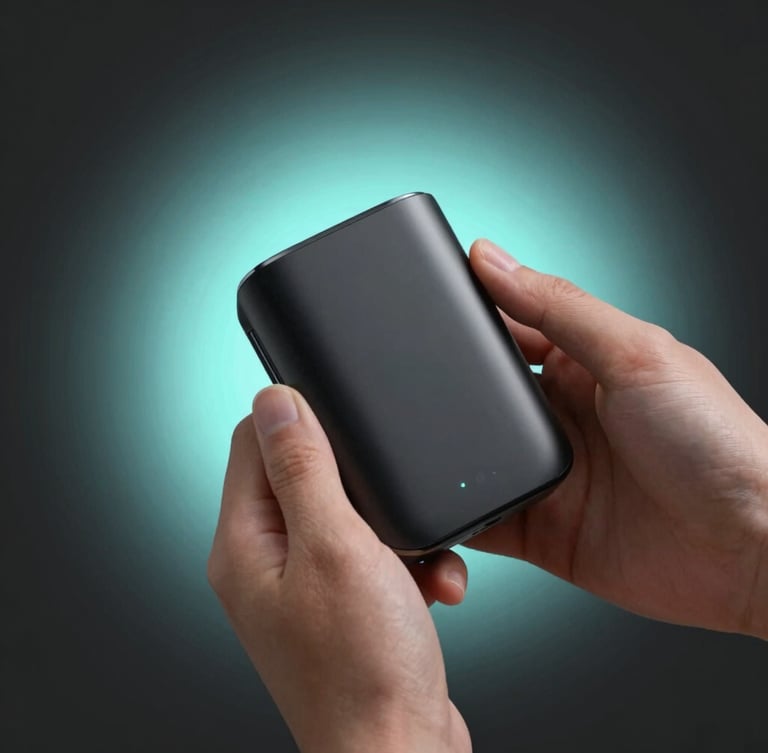 Hands holding a sleek, minimalist matte black tech accessory, clean studio lighting, soft cyan ambient glow, dark background
