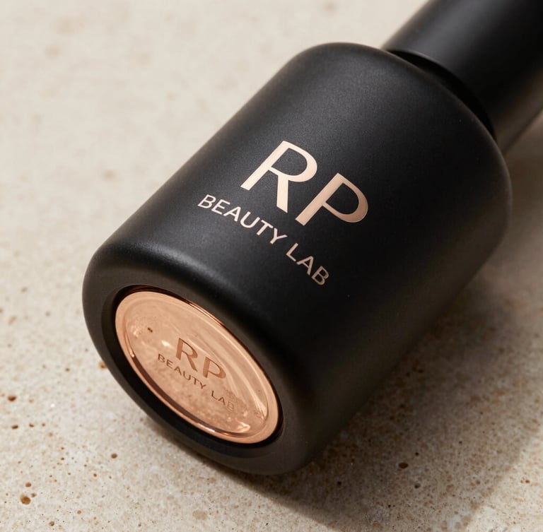 Macro studio shot of a sculptural matte black RP Beauty Lab bottle on a raw beige stone surface, directional light reflecting champagne gold accents, high-end cosmetics photography
