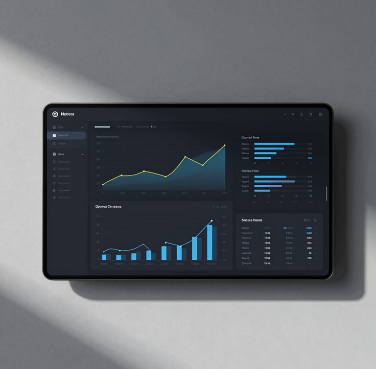 Straight-on orthographic screenshot of a clean modern UI dashboard, dark mode, high-contrast studio lighting, sharp shadows, minimalist layout with data visualization charts, crisp details