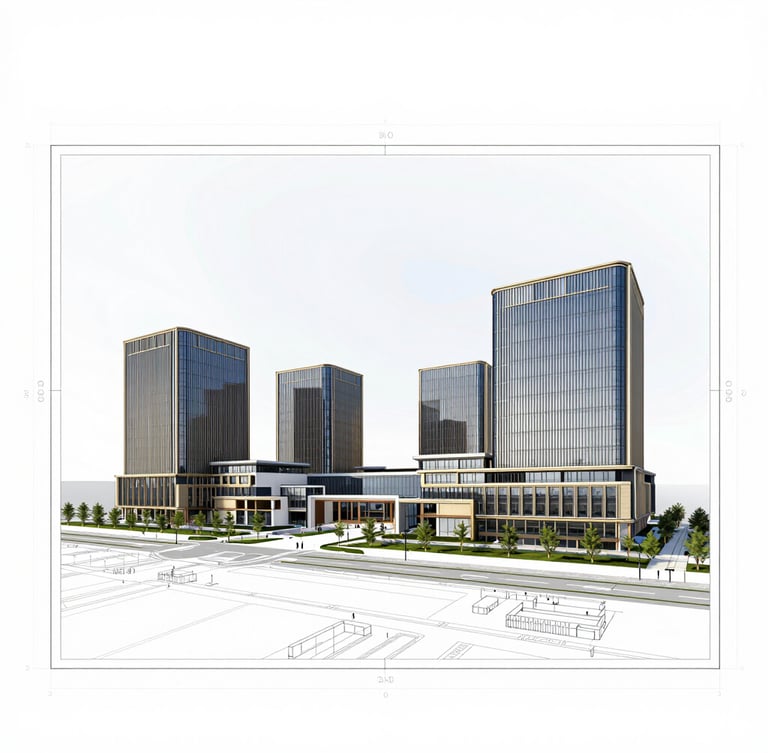 A clean top-down technical site plan blueprint overlaid on a high-contrast architectural daylight rendering of a modern minimalist corporate campus.