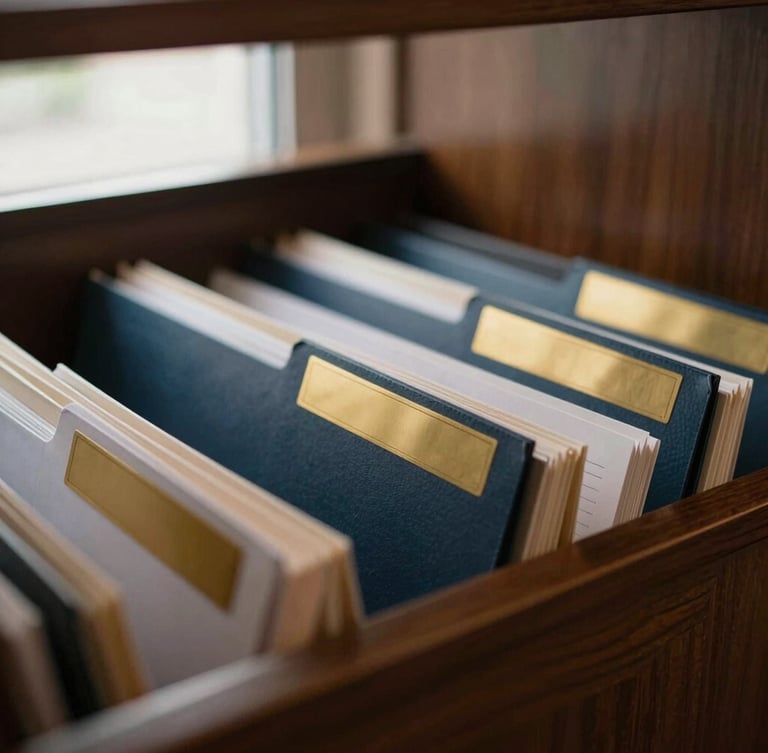 Close-up of organized financial folders with gold labels on a dark wooden shelf, warm natural light, shallow depth of field