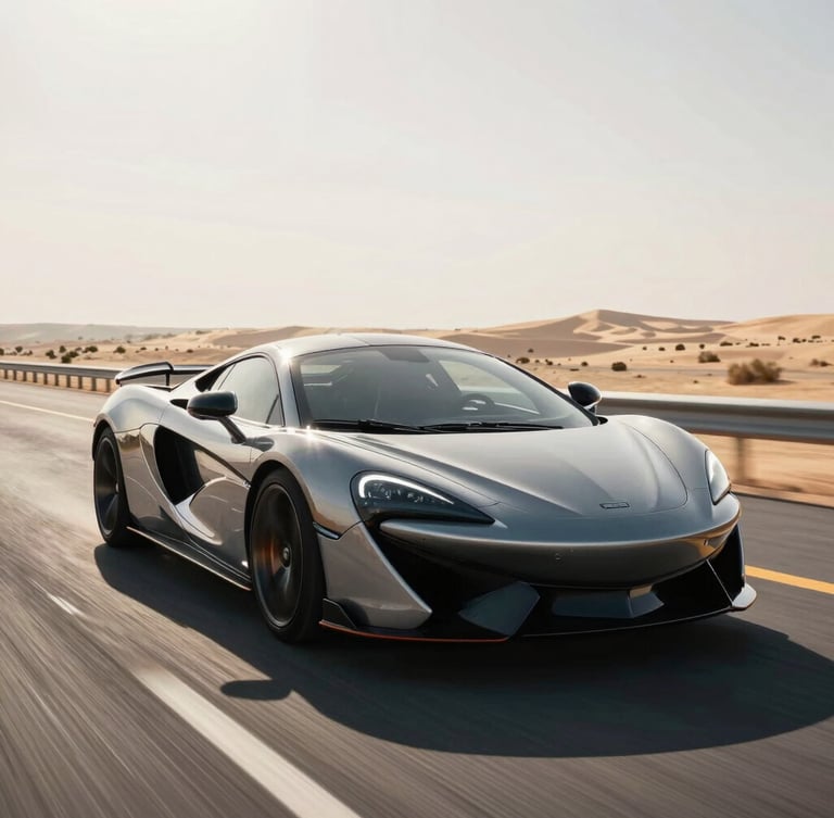 A high-end sports car driving on a sweeping desert highway near Dubai at midday, harsh sun reflecting off its flawless, high-gloss protected body.