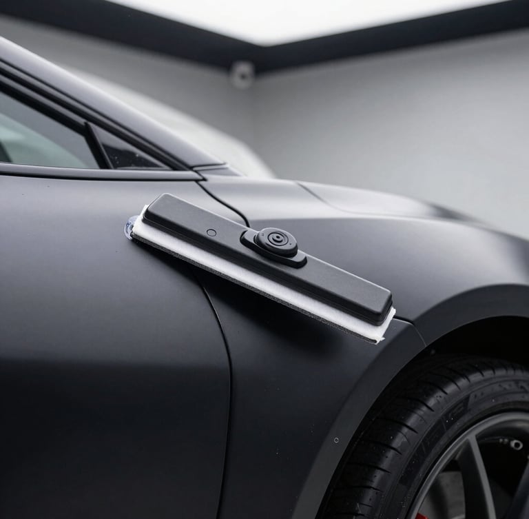 Close-up macro shot of a squeegee smoothing high-tack paint protection film over the sharp fender curves of a matte black supercar under bright workshop LED bays.