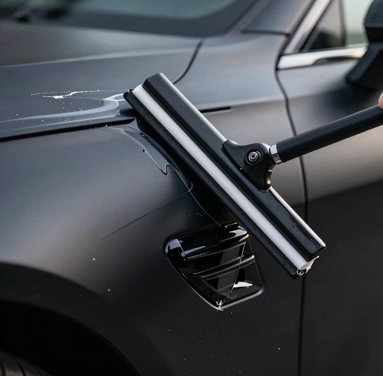 Extreme close-up macro shot of a squeegee smoothing a clear film over the complex fender curve of a matte black luxury car