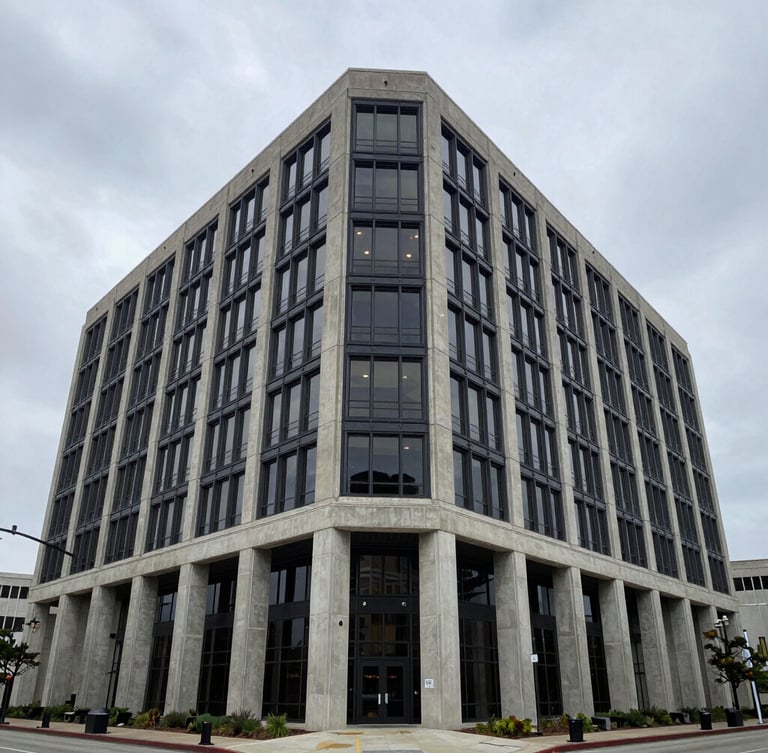 Symmetrical wide-angle shot of a modern concrete and steel corporate headquarters in North Charleston, overcast daylight, cool-toned natural light, architectural classicism.
