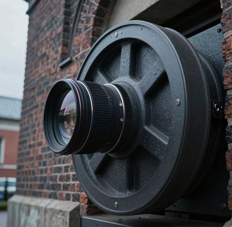 Extreme close-up of heavy physical asset machinery and textured brickwork, cool overcast daylight, architectural classicism style.