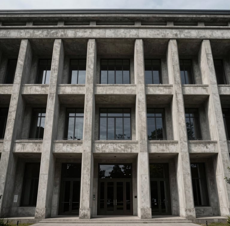 Symmetrical wide angle of a modern concrete and steel institutional building facade, overcast daylight, low-contrast shadows, architectural classicism.