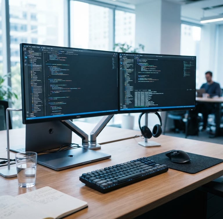 Close-up of a high-end modern workstation with dual monitors displaying clean code, cool blue ambient lighting, sharp focus, 35mm