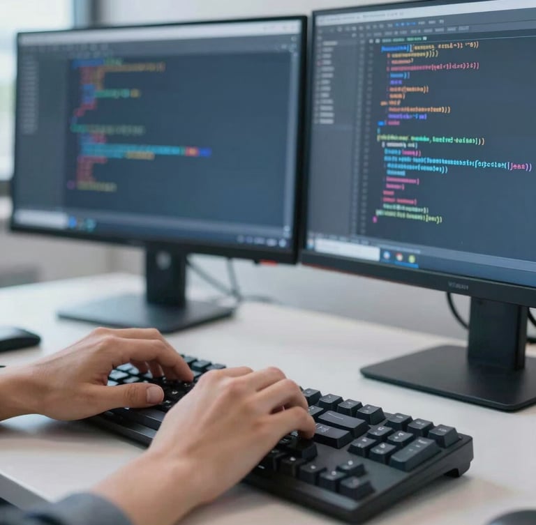 A close-up of a developer's hands typing clean code on a mechanical keyboard, dual monitor setup displaying structured code lines, soft cool daylight, 35mm