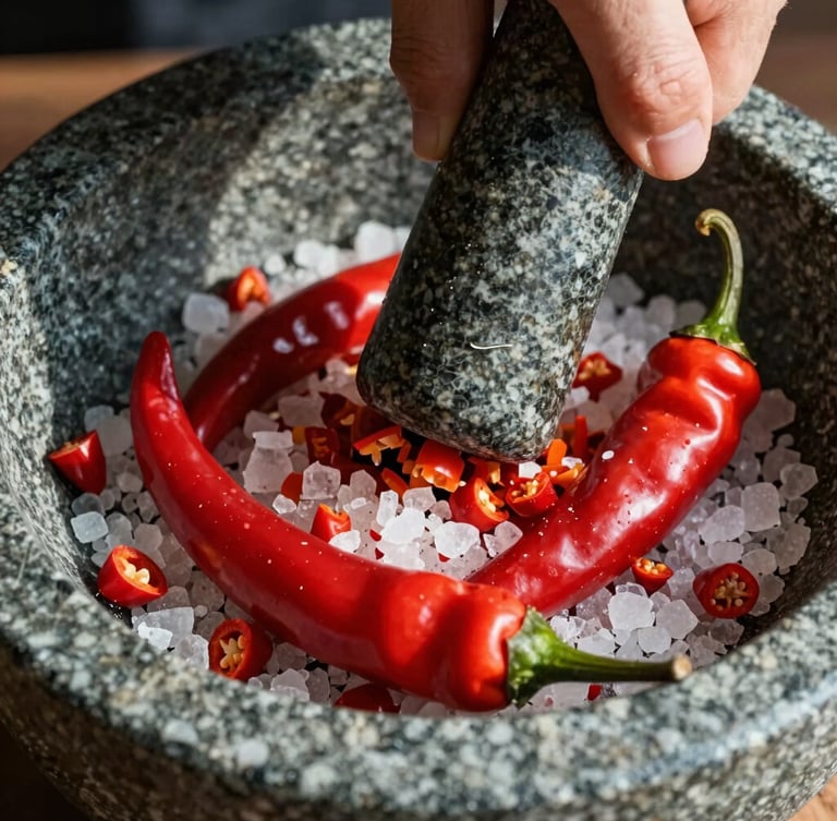 Extreme close-up of vibrant red chili peppers being crushed with coarse sea salt in a stone mortar, hard direct sunlight casting sharp shadows, rich textures.