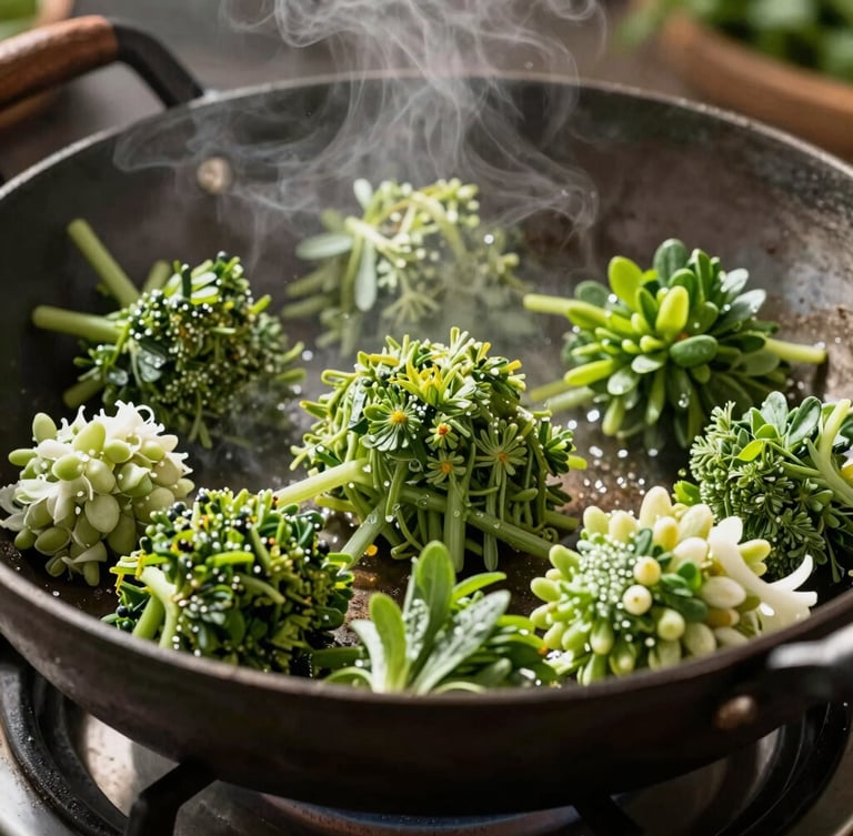 Macro shot of vibrant, textured plant dishes being tossed in a heavy iron pan, hard direct sunlight casting sharp shadows, steam rising
