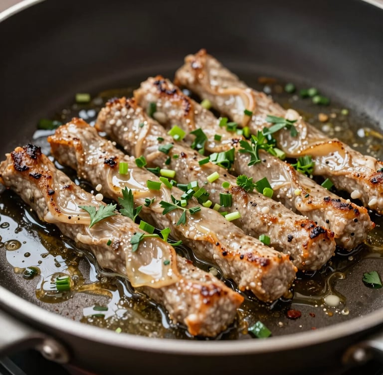 Action shot of sizzling plant-based protein strips in a hot pan, oil glistening, direct hard light, vibrant green herbs scattered, close-up.