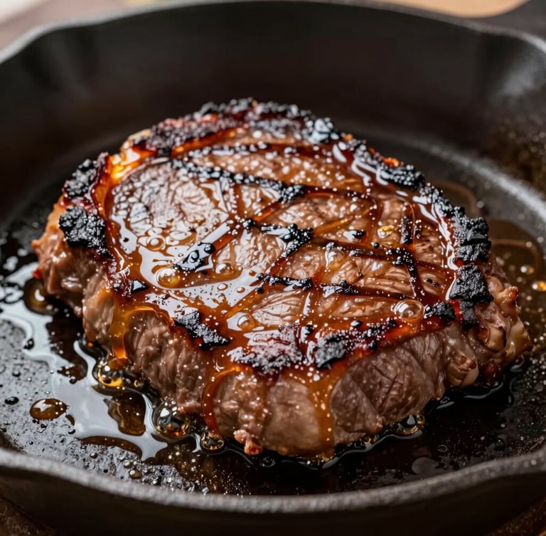Extreme macro close-up of a thick plant-based protein steak searing on a smoking cast-iron skillet, deep brown caramelized crust, oil bubbling, hard direct sunlight with sharp shadows.