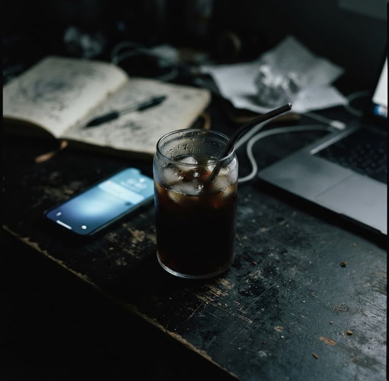 Moody close-up of a single cold cup of coffee on a messy dark desk, dramatic shadows, glowing smartphone screen nearby, cinematic 35mm