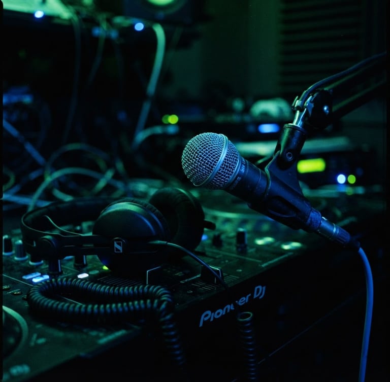 Close-up of a DJ microphone and headphones in a dark studio, illuminated by neon electric blue and acid green lighting, cinematic 35mm lens, high contrast, dramatic shadows.