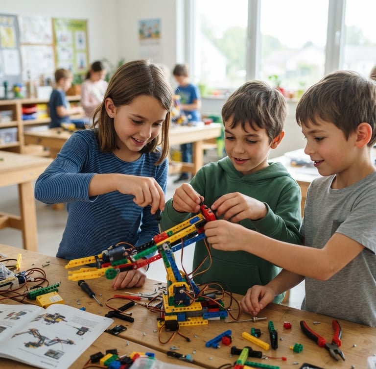 Bright, well-lit classroom, children collaborating on building a robotic arm with colorful components, natural daylight from large windows, crisp focus on hands and components, 35mm.