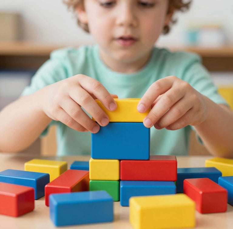 Portrait shot of a young child's hands building with colorful, oversized soft blocks, natural classroom daylight, focus on the blocks and hands, soft primary colors, 35mm
