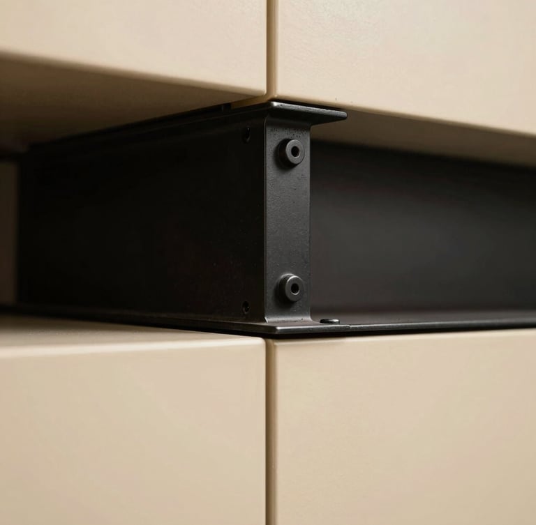 Primer plano de alta resolución de una junta de esquina de aluminio negro cepillado acoplada con precisión milimétrica a un panel crema, luz cenital directa, enfoque nítido