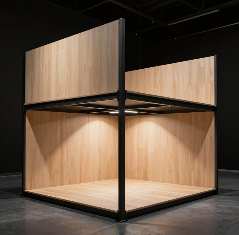 Vista lateral de un stand de exposición minimalista de dos pisos, estructura de acero negro mate y paneles de madera crema, iluminación arquitectónica espectacular con sombras marcadas, lente gran angular