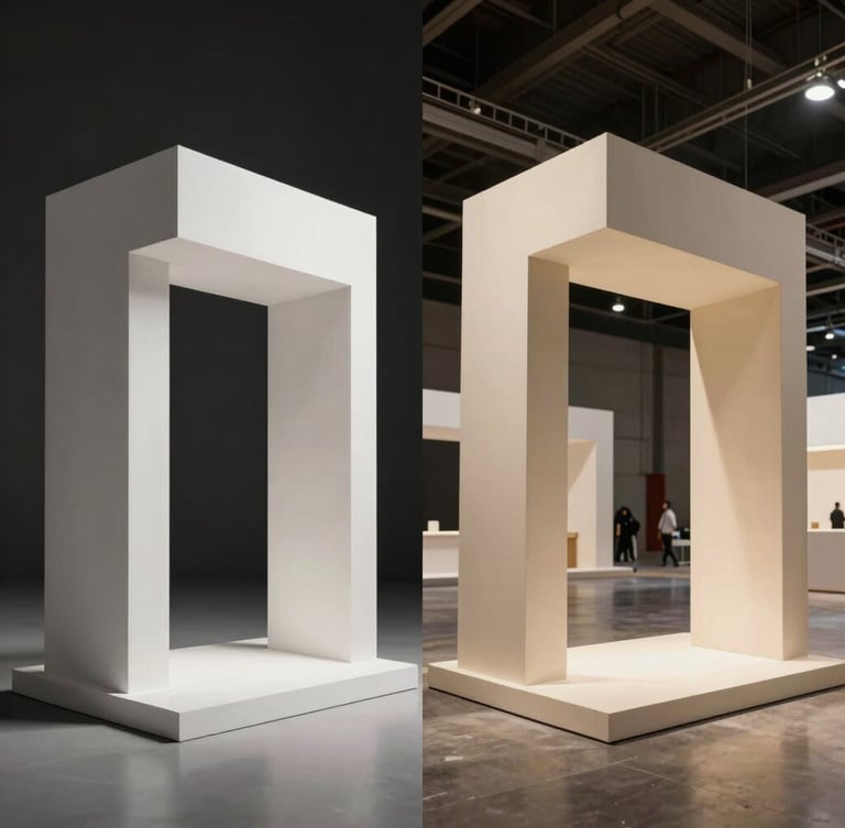 Split screen comparison, left side is a clean 3D architectural render of a stand, right side is the high-quality physical build in a real expo hall, identical geometry, dramatic lighting