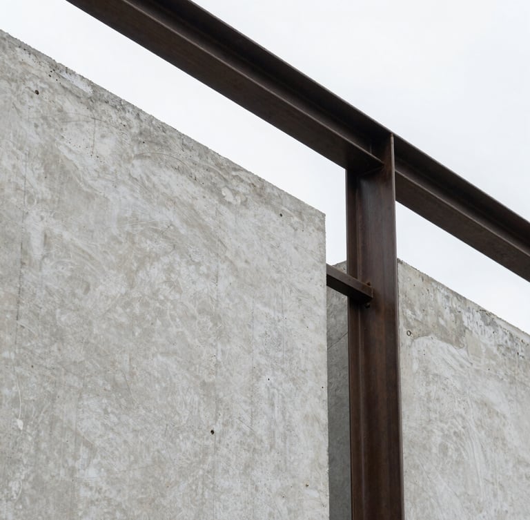 Close-up of architectural materials, raw concrete texture and dark steel frame under natural overcast daylight, sharp focus, minimalist composition.