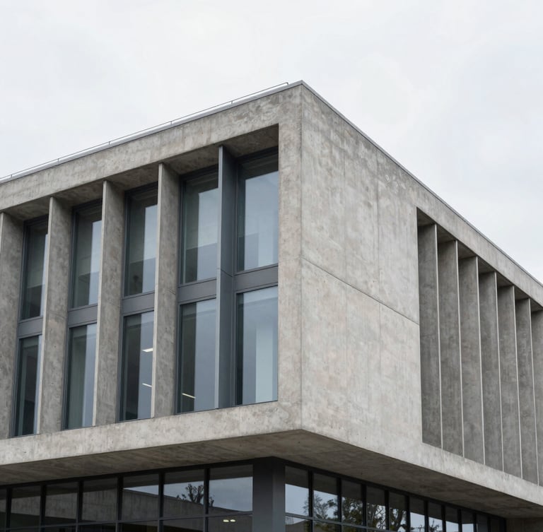 Architectural photography of a modern concrete building structure under overcast daylight, clean straight lines, minimalist steel and glass details, 35mm.