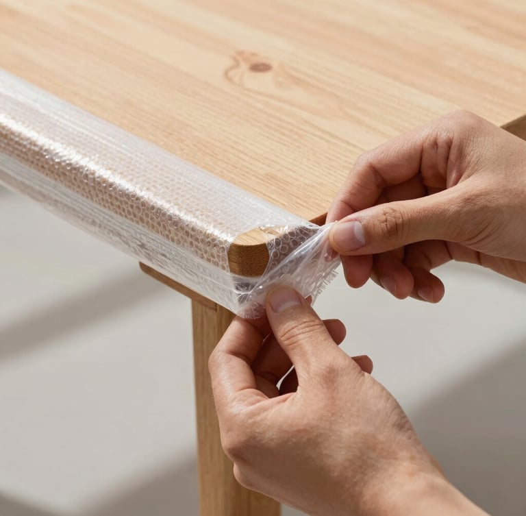 Bright daylight close-up of hands wrapping a fragile wooden table corner in thick protective bubble wrap, sharp focus, clean background.